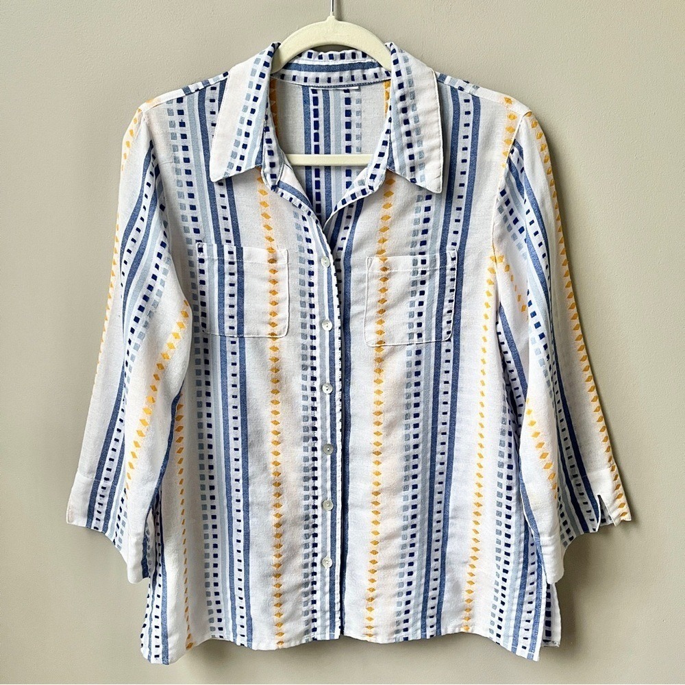 Cotton Gauze Top Women's Small White Blue Yellow Stripes Nautical Coastal Beachy